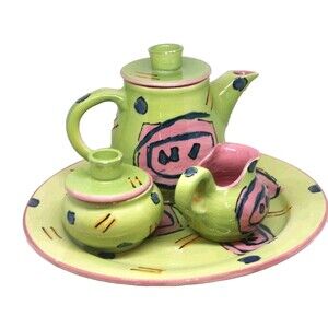 Studio Crafted Hand Made Glazed Pottery Set Tea Pot Tray Sugar Bowl & Creamer